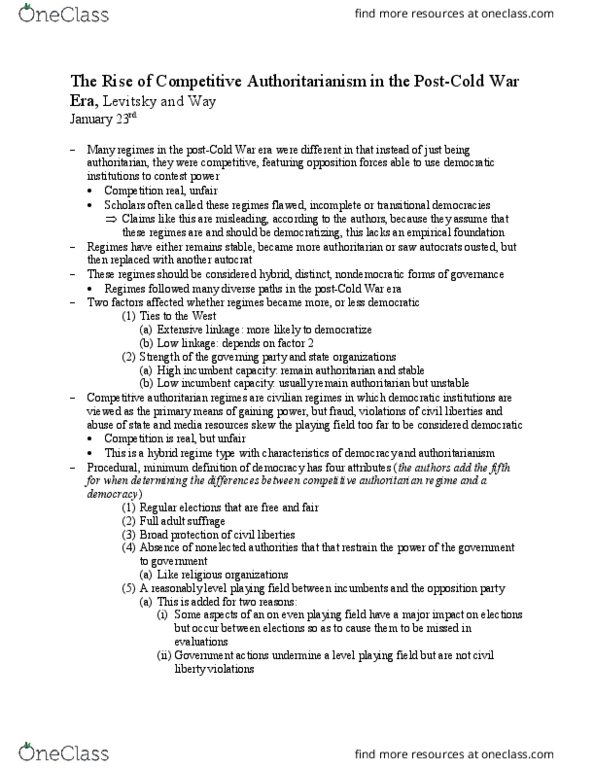 POLS 071 Chapter Notes - Chapter January 23rd Reading: Authoritarianism, Electoral Fraud thumbnail